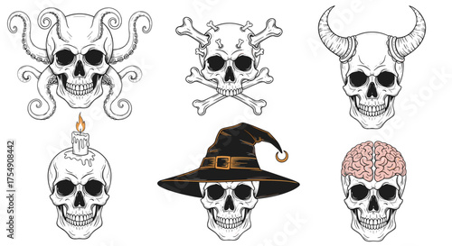 Collection of diverse skull illustrations with varying embellishments and themes for artistic expression.