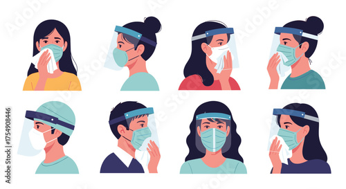 Illustrations of people wearing face masks and shields to prevent the spread of illness.