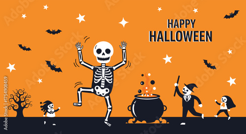 A spooky skeleton dances happily with children and a wizard during a festive Halloween celebration.