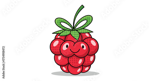 A cute anthropomorphic raspberry with a happy face and a green bow on top.