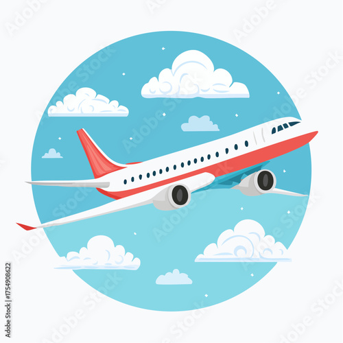Airplane Flying in Blue Sky with Clouds Vector Illustration