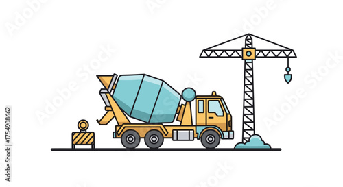 A yellow and blue cement mixer truck stands on a construction site next to a crane.