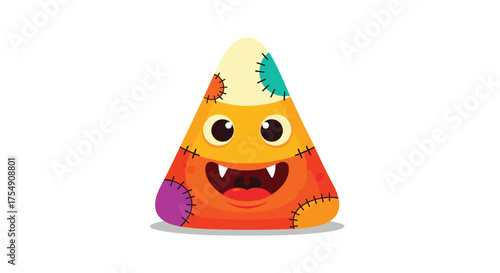 A cheerful candy corn monster with stitched patches and fangs grins excitedly.