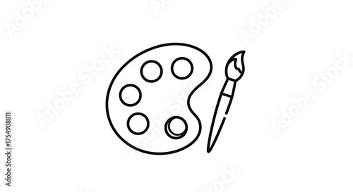 A simple line drawing of an artist's palette with six paint wells and a paintbrush rests nearby ready for creative endeavors.
