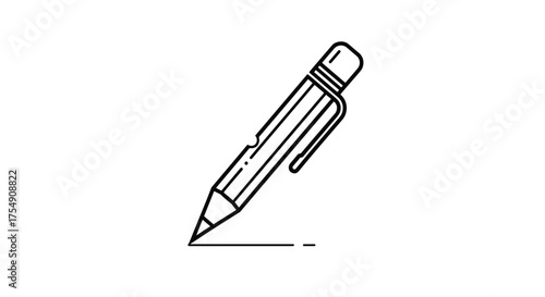 A drawing of a pencil with an eraser and a clip making a mark on a surface.