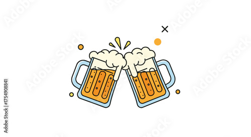Two frosty beer mugs clinking together in a celebratory toast with frothy foam and droplets.