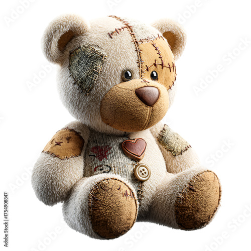 Cute patched teddy bear toy with heart detail isolated on transparent background