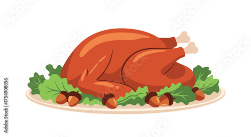 A perfectly roasted golden brown turkey served on a platter with fresh green lettuce and acorns for a delicious festive meal.
