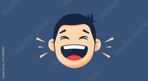A cartoon of a man with his eyes closed and mouth wide open in laughter.