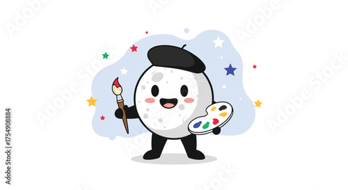 A cute cartoon moon character wearing a beret and holding a paintbrush and a palette full of colors.