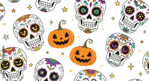 Festive sugar skulls and grinning jack o lantern pumpkins adorning a white background with scattered stars.
