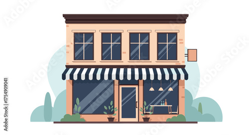 A quaint two story building with large windows and a striped awning.