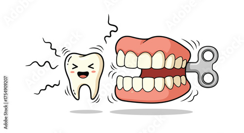 A cartoon tooth with a happy expression is trying to escape from a wind-up set of dentures with a key.
