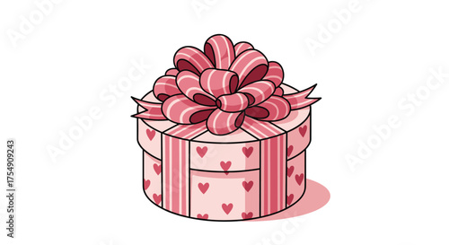 A pink round gift box adorned with tiny red hearts and a large pink striped bow on top.