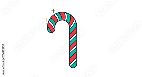 A classic candy cane with red and teal stripes is shown on a white background.