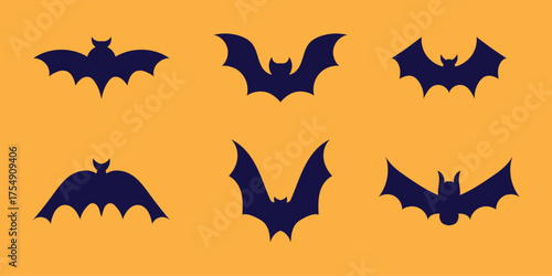 Halloween bat set in silhouette style. Hanging and flying cartoon bats with scary and cute elements. Isolated vector illustration for spooky autumn celebrations.