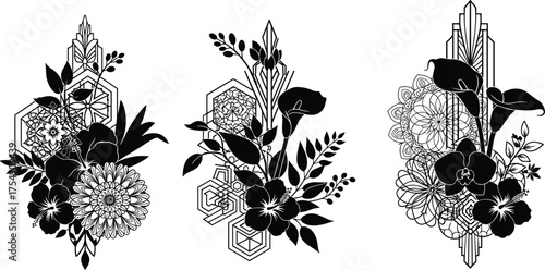 Black floral vector composition, symmetrical botanical artwork with dahlias, orchids, calla lilies, geometric shapes, mandala patterns, and decorative leaf elements