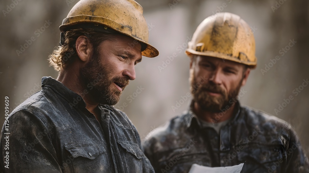 Fototapeta premium Two construction workers in hard hats discuss plans on a dusty site