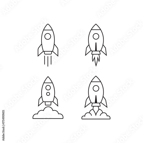 rocket launch line icons – black and white space shuttle vector set.