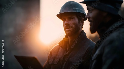 Two construction workers in hard hats confer outdoors during a warm sunset reviewing plans on a digital device