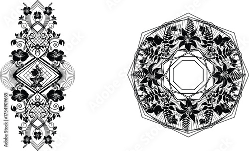 Black floral vector design, symmetrical botanical artwork with mandala, diamond, octagon shapes, featuring leaves, flowers, circular patterns, and decorative elements