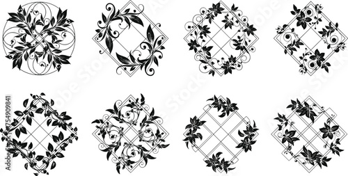 Black floral vector design, symmetrical botanical motifs, decorative flower patterns in geometric shapes, elegant nature-inspired artwork for graphic and textile use
