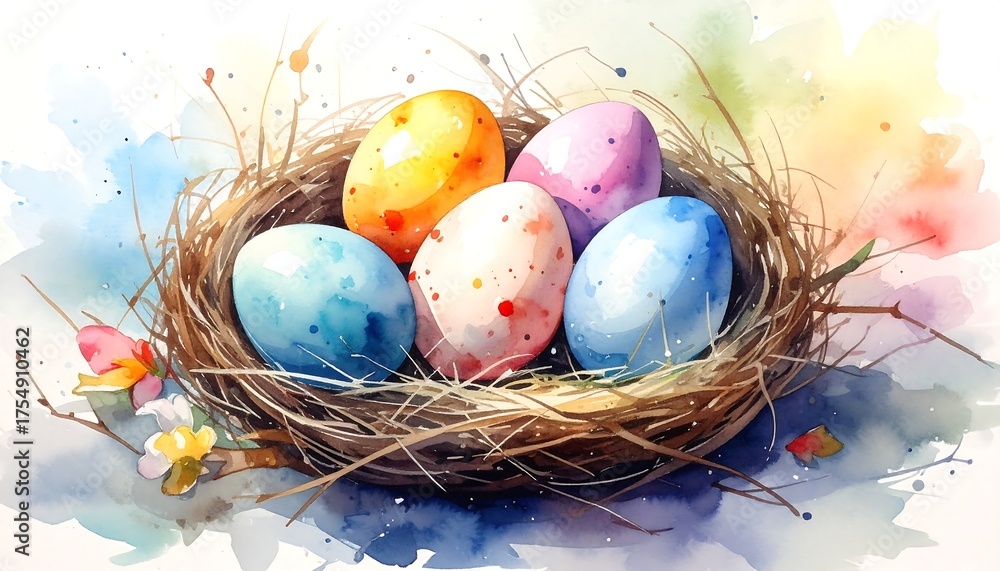 Obraz premium Watercolor Easter eggs in a nest