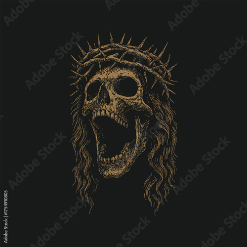 Dark Gothic Artwork of a Screaming Skull Wearing a Crown Made of Thorns on Black Background