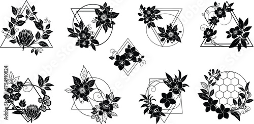 Black floral vector, geometric flower design, decorative botanical art, symmetrical tattoo style, honeycomb pattern motif, nature inspired illustration, modern ornament