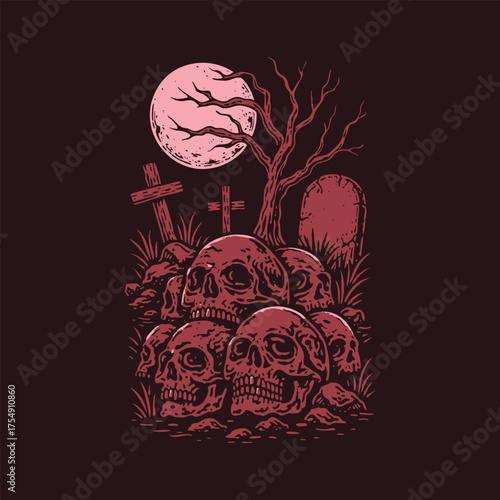 Retro Horror Vector Illustration of a Spooky Graveyard with Skull and Tombstone