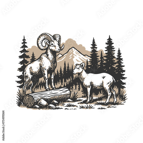 Retro Illustration of Two Wild Goats in Mountain Landscape – Hand-Drawn Vector Art