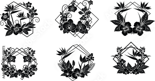 Black floral wreath vector design, symmetrical botanical frames with geometric shapes, decorative flower artwork featuring leaves, vines, and elegant detailing