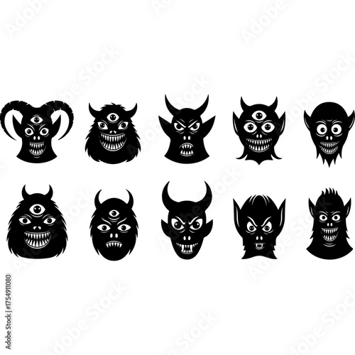 Set of Creepy Monster Faces with Multiple Eyes and Sharp Teeth.