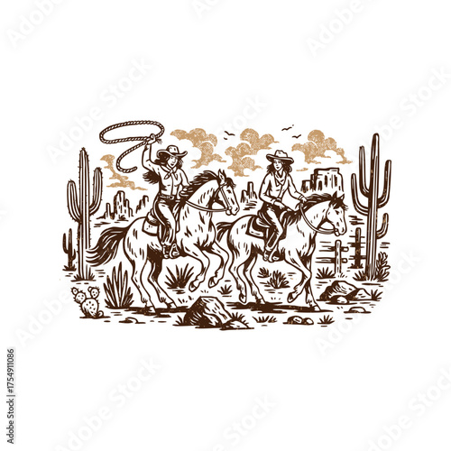 Retro Western Illustration of a Cowgirl in Desert Race – Hand-Drawn Vector Art