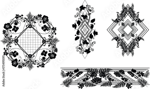 Black ornamental design, floral vector, symmetrical pattern, geometric motif, decorative artwork, tattoo style, abstract composition, elegant illustration, vintage ornament, mandala element