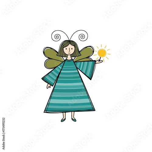 Whimsical hand drawn fairy girl with butterfly wings holding the sun.