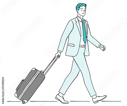 スーツケース（キャリーケース）を引いて歩く男性の線画イラスト,出張,旅行,移動,ビジネス