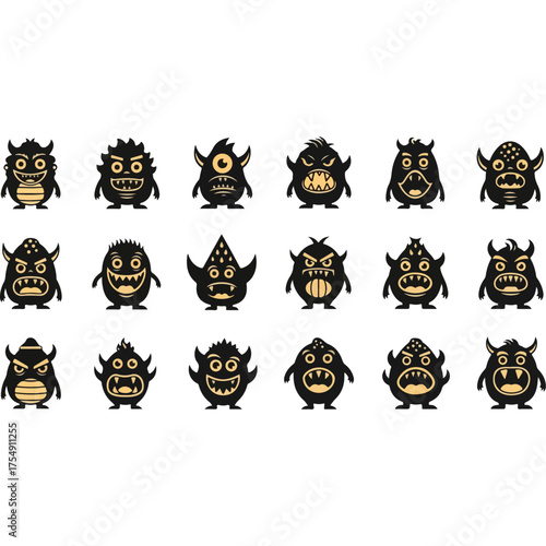 A diverse set of black and yellow cartoon monster character icons.