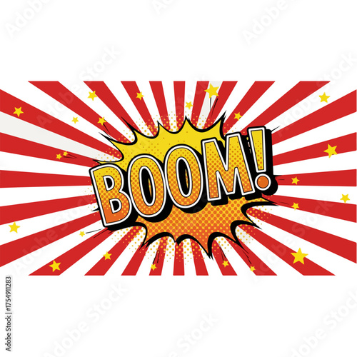 Yellow and orange BOOM word in a comic book style explosion.