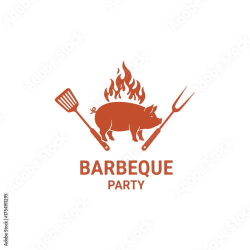 Barbecue Party Logo with Pig and Grill Utensils.