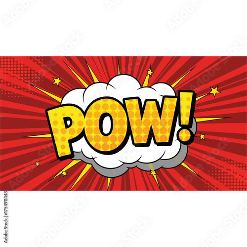 Comic book style POW exclamation with yellow and white colors on red background.