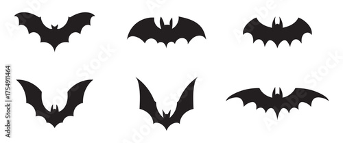 Collection of silhouetted bats in various flying poses against a white background for halloween or spooky themes