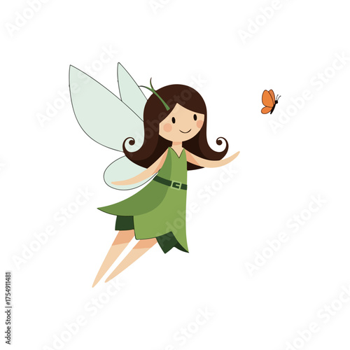 Cute cartoon fairy girl with brown hair flying towards a butterfly.