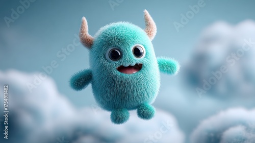 Fototapeta Naklejka Na Ścianę i Meble -  A cute, fluffy blue monster with horns, floating in the sky with fluffy white clouds in the background.