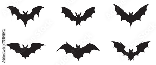 A set of spooky bat silhouette with different wing positions isolated on a white background ideal for Halloween.