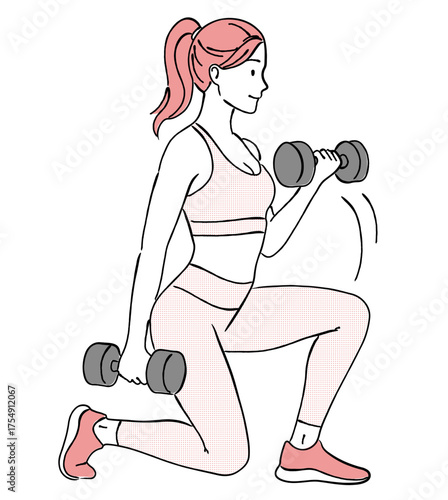 ダンベルを持ってスクワット/ランジをする女性の線画イラスト,筋トレ,フィットネス,下半身強化