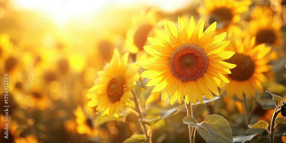 Obraz premium A field of yellow sunflowers with the sun shining on them