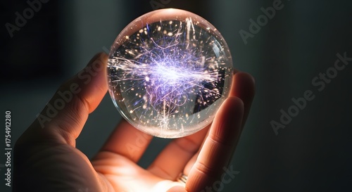 Crystal ball held in hand showing a glowing purple and white light inside