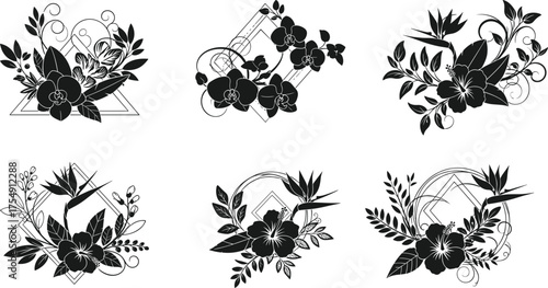 Floral vector design, geometric botanical artwork, black silhouette pattern, decorative nature frame, elegant outline illustration, symmetrical flower composition, modern graphic ornament