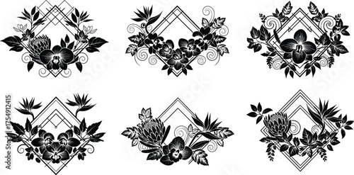 Floral vector design, geometric botanical artwork, black silhouette frame, decorative flower composition, elegant nature outline, symmetrical diamond swirl illustration, modern graphic element